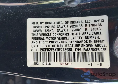 2013 Honda Civic Ex from USA, damaged, VIN 19XFB2F8XDE218988